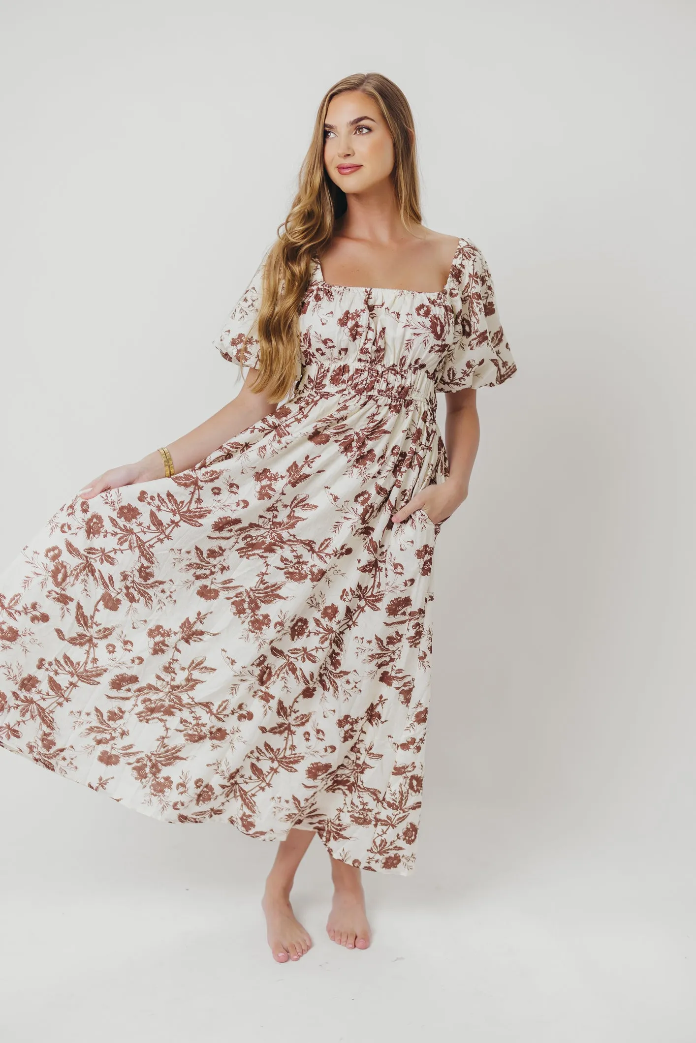 Mallory Textured Print Midi Dress in Mocha Floral sold by Worth Collective product image thumbnail 2