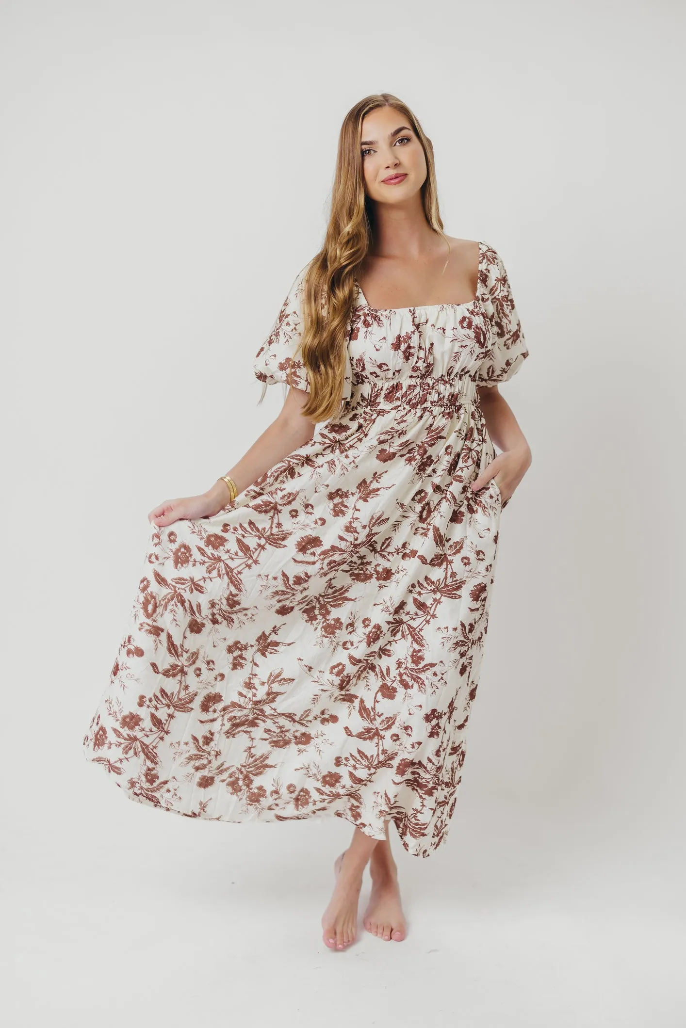 Mallory Textured Print Midi Dress in Mocha Floral sold by Worth Collective product image thumbnail 3