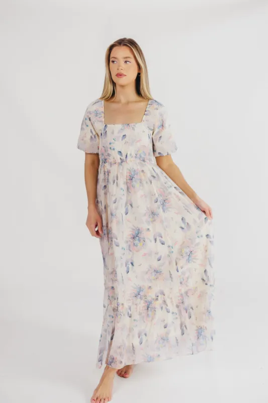 Callie Floral Midi Dress with Square Neckline in Blue Multi - Bump Friendly & Inclusive Sizing (S-3XL) sold by Worth Collective