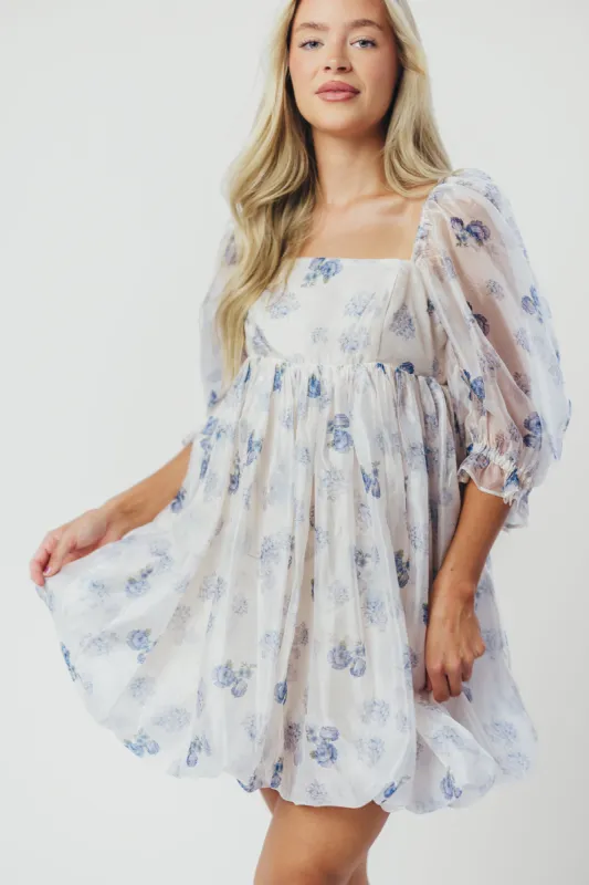 Chase Bubble Hem Mini Dress in White/Periwinkle *Final-Sale* sold by Worth Collective