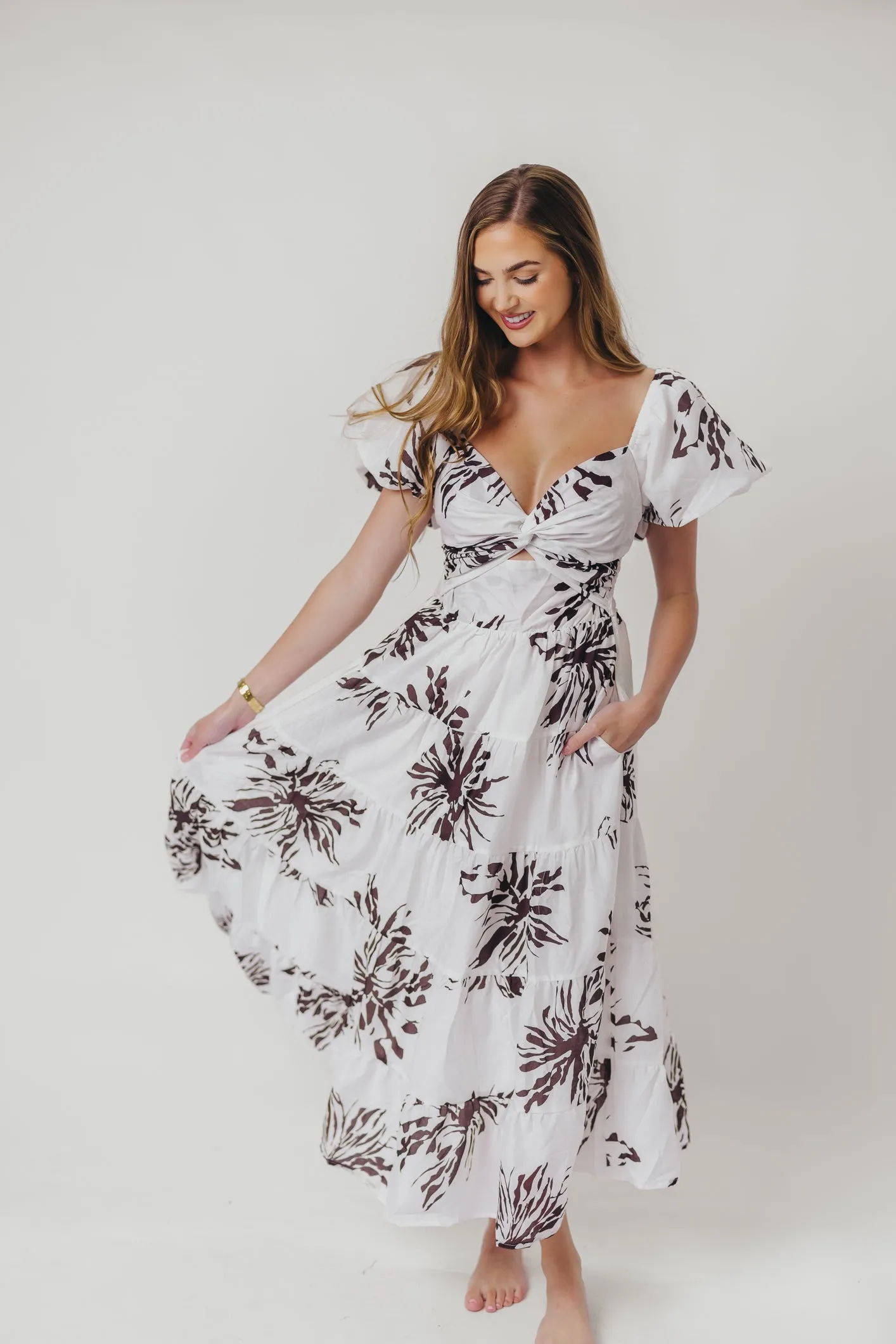 Cora Front Twist Midi Dress in Brown sold by Worth Collective