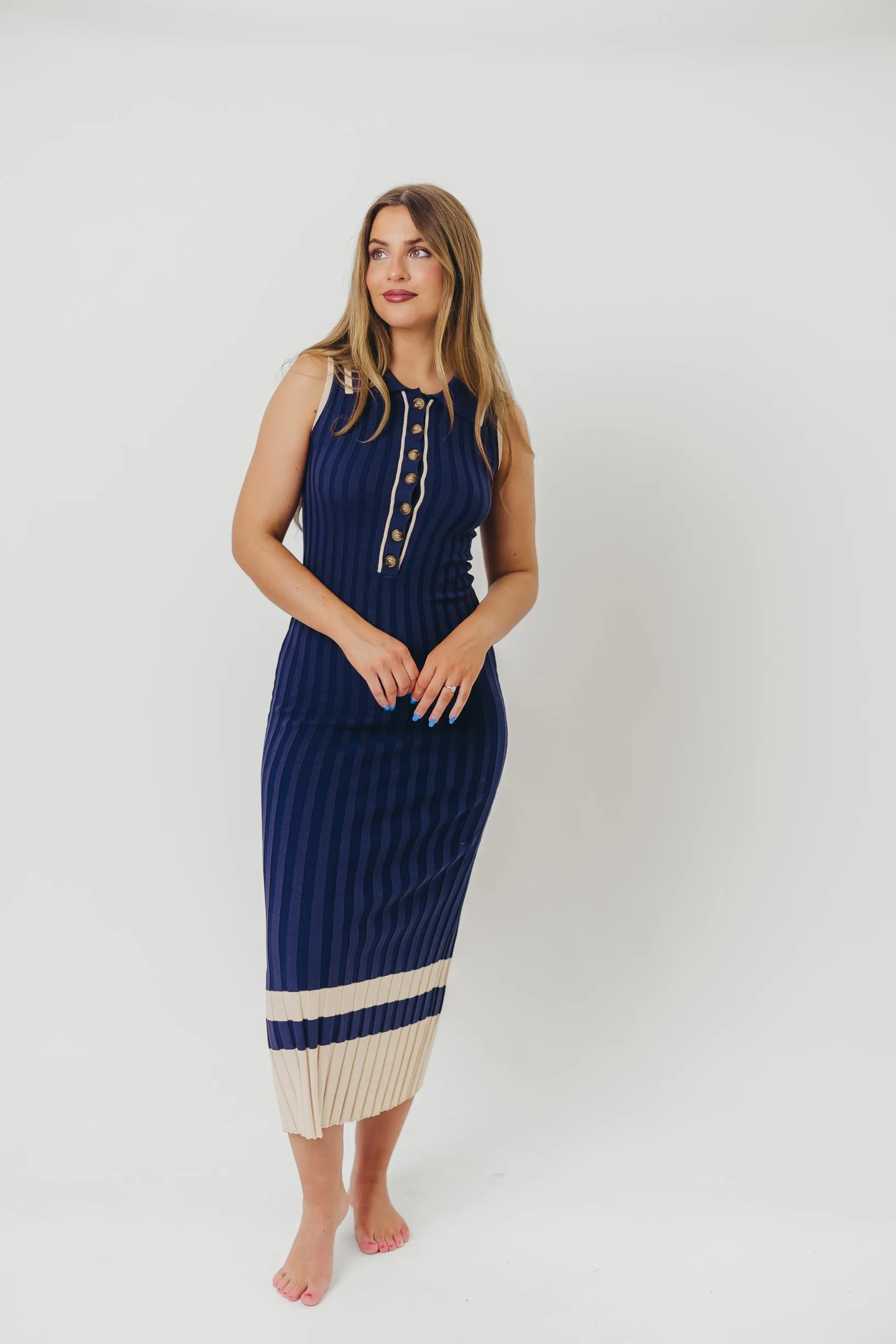Jovie Sleeveless Ribbed Maxi Dress with Buttons in Navy sold by Worth Collective product image thumbnail 2