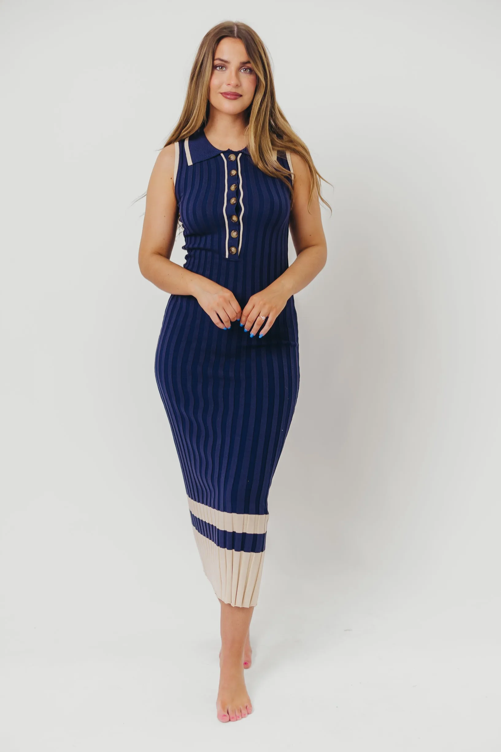 Jovie Sleeveless Ribbed Maxi Dress with Buttons in Navy sold by Worth Collective