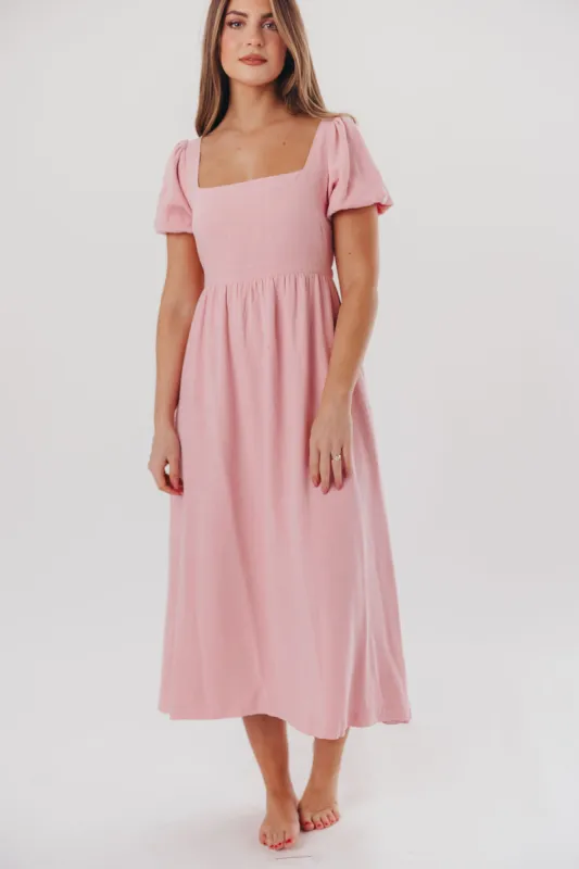 Ainsley Square Neck Midi Dress with Puffed Sleeves in Bright Blush - Bump Friendly & Inclusive Sizing (S-3XL) sold by Worth Collective