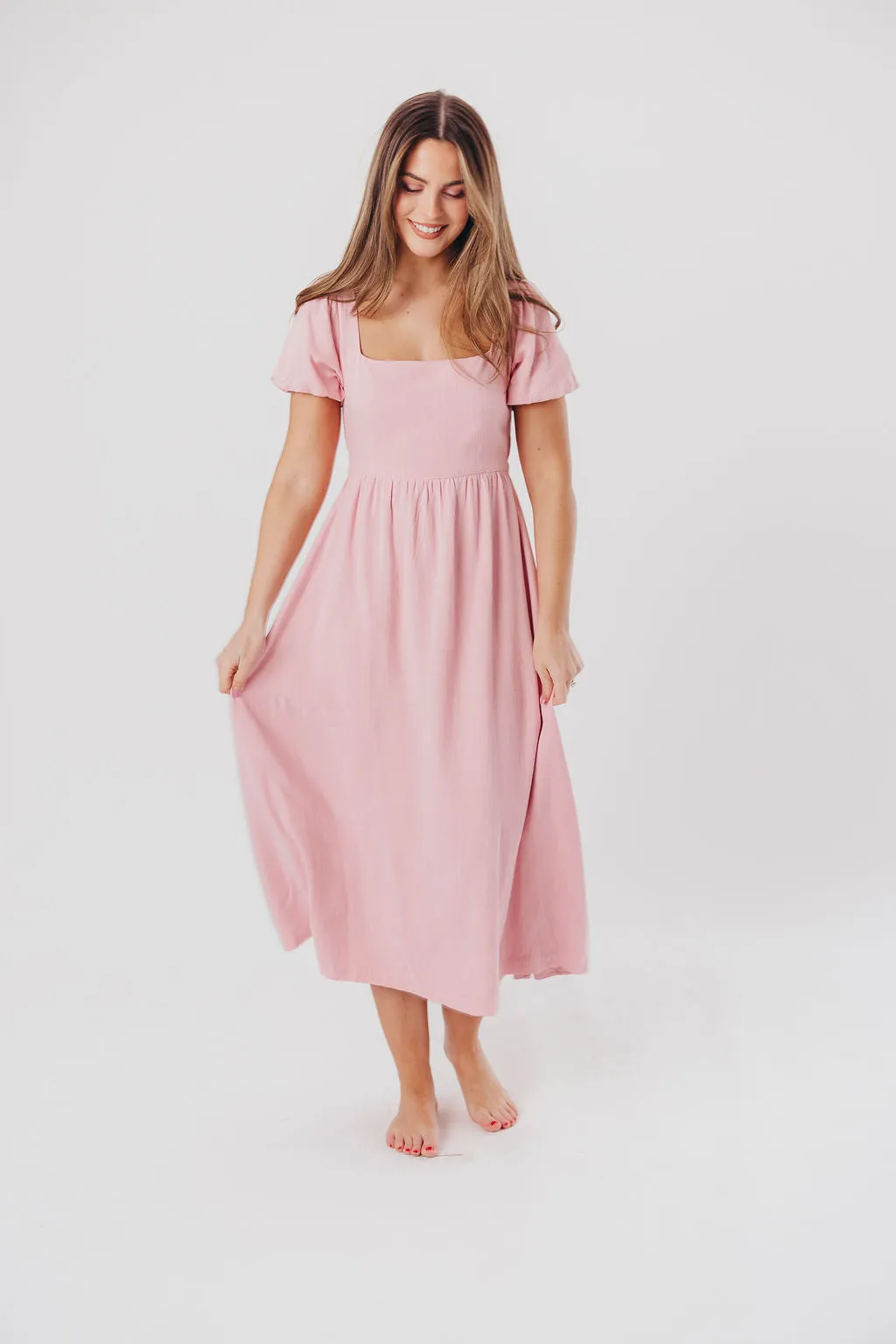 Ainsley Square Neck Midi Dress with Puffed Sleeves in Bright Blush - Bump Friendly & Inclusive Sizing (S-3XL) sold by Worth Collective product image thumbnail 2