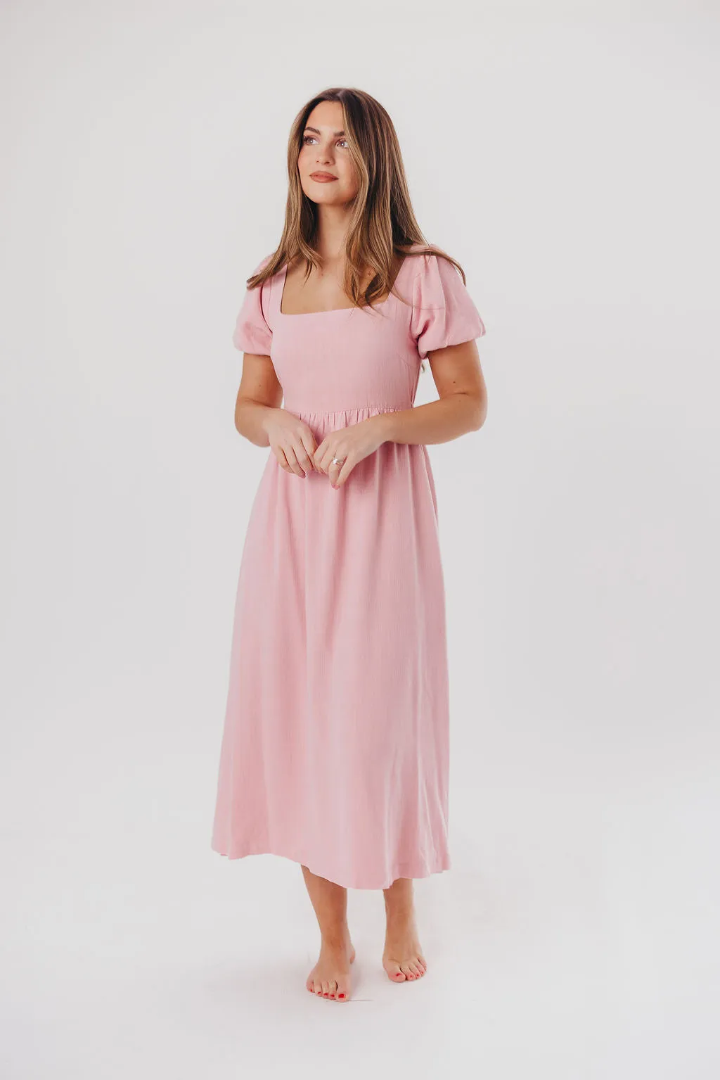 Ainsley Square Neck Midi Dress with Puffed Sleeves in Bright Blush - Bump Friendly & Inclusive Sizing (S-3XL) sold by Worth Collective product image thumbnail 5