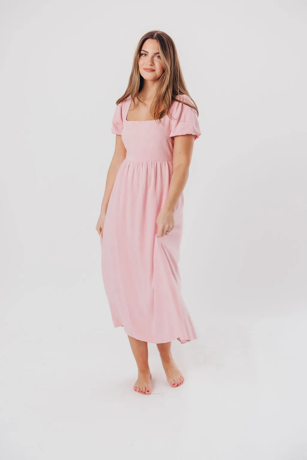 Ainsley Square Neck Midi Dress with Puffed Sleeves in Bright Blush - Bump Friendly & Inclusive Sizing (S-3XL) sold by Worth Collective product image thumbnail 3