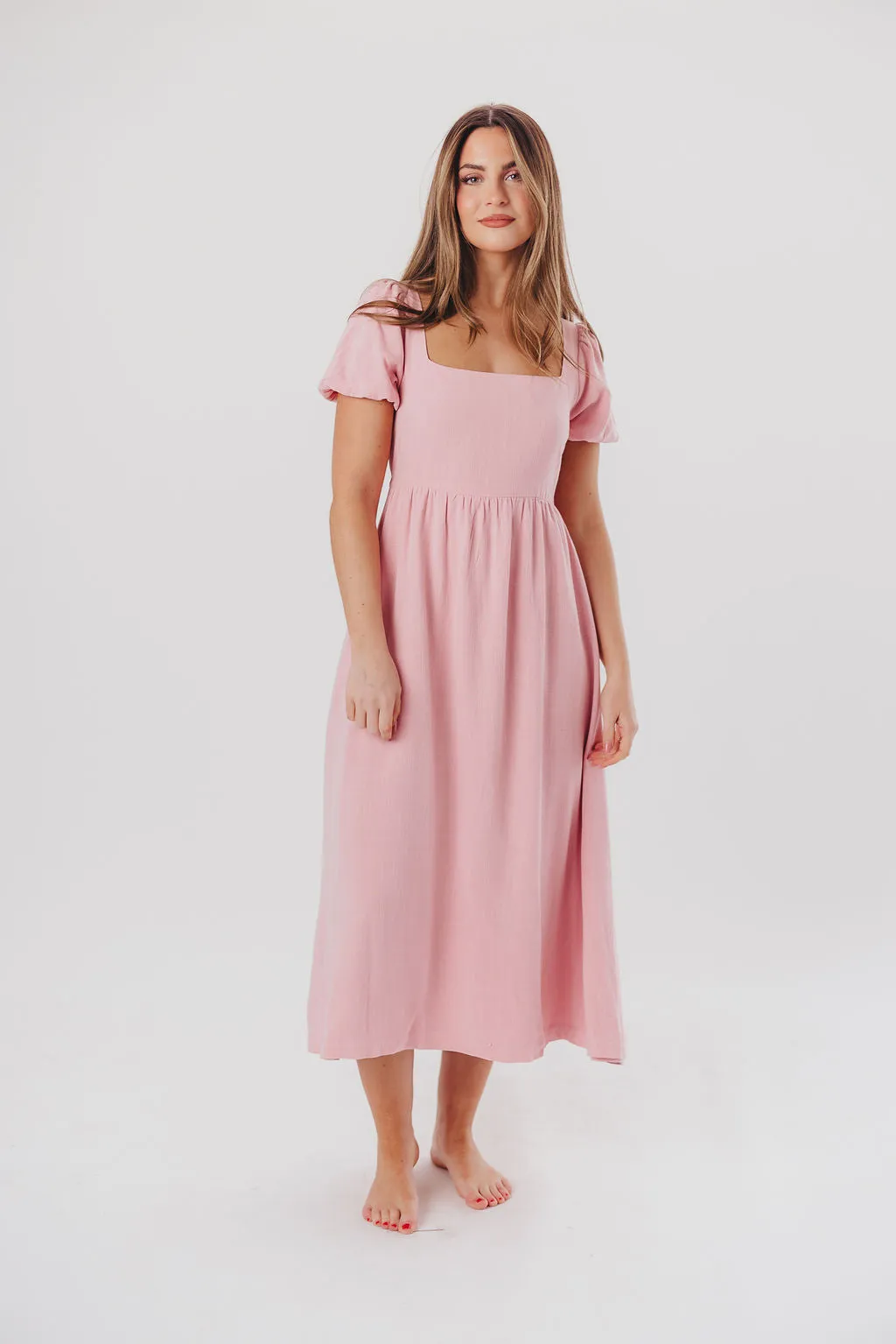 Ainsley Square Neck Midi Dress with Puffed Sleeves in Bright Blush - Bump Friendly & Inclusive Sizing (S-3XL) sold by Worth Collective product image thumbnail 4