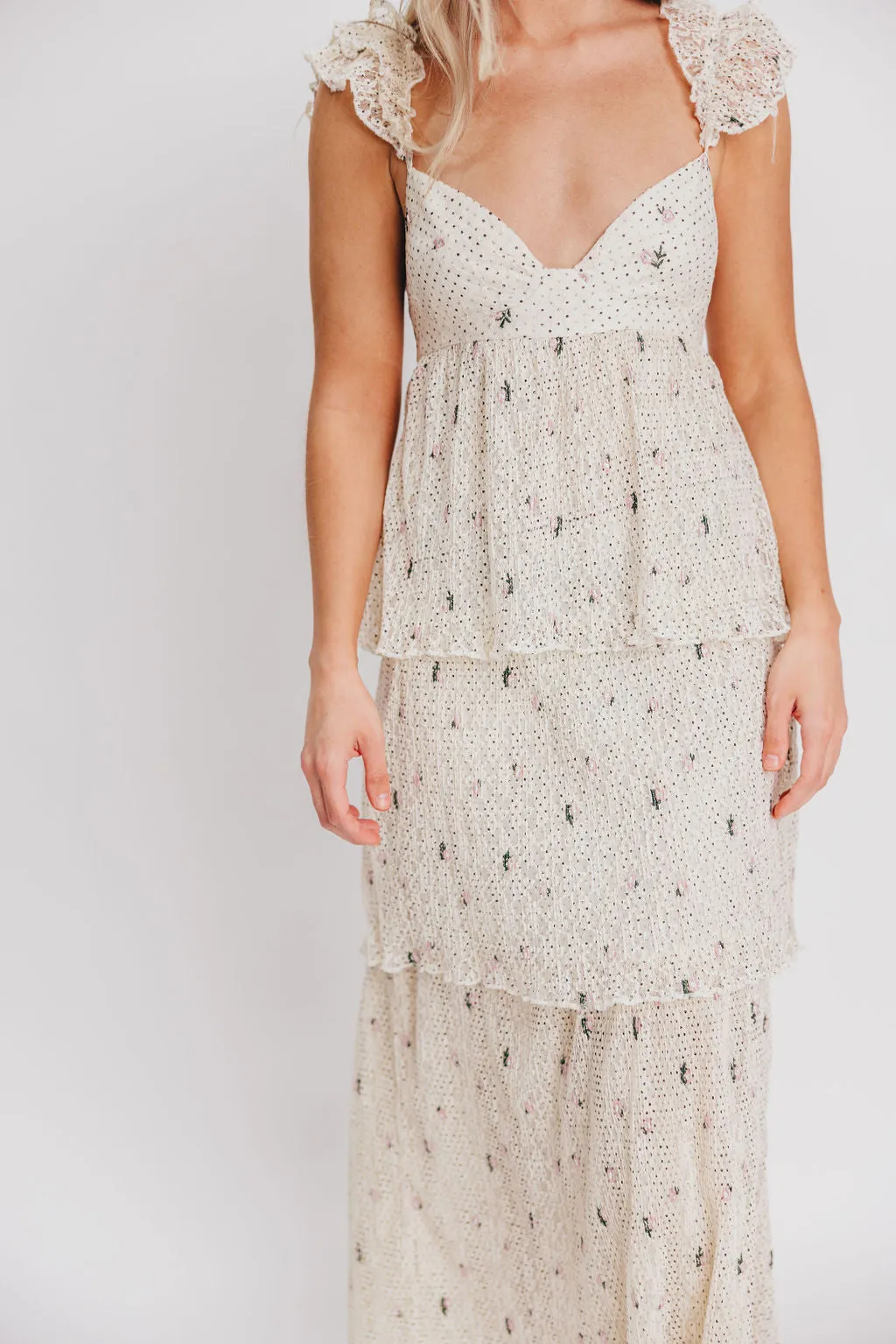 Caroline Maxi Dress in Ivory Polka Dot sold by Worth Collective
