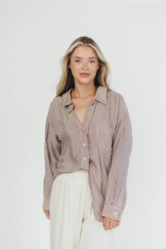 Kelly Oversized Button-Up Shirt in Brown Stripe sold by Worth Collective