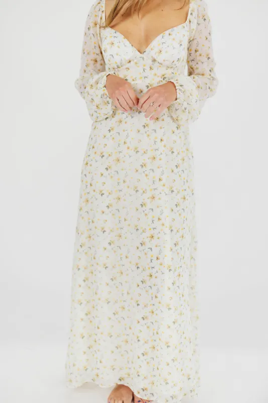 Parker Smocked Maxi Dress with Puffed Sleeves in Ivory/Yellow - Bump Friendly & Inclusive Sizing (S-3XL) sold by Worth Collective