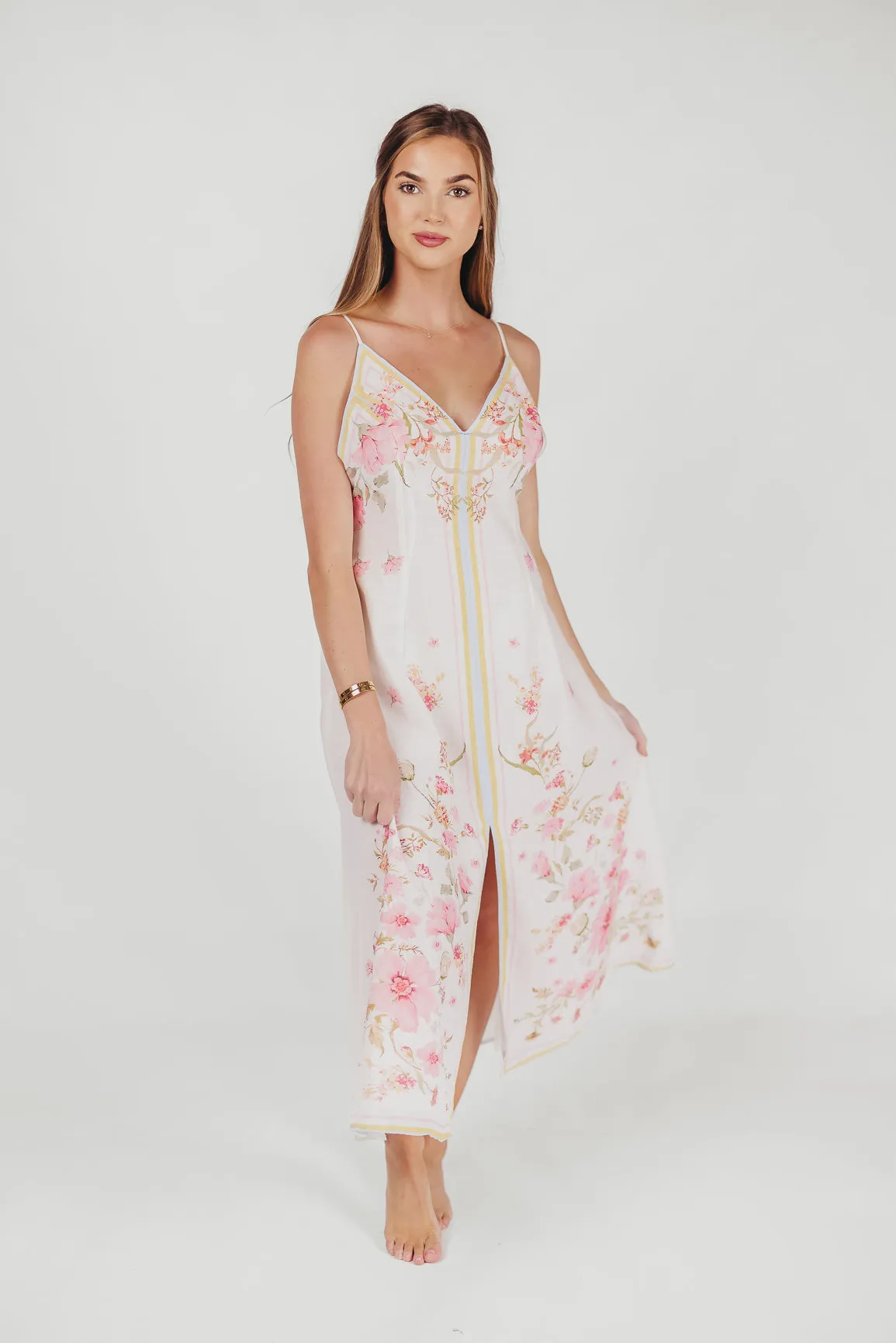 Josie Scarf Print Midi Dress in Pink sold by Worth Collective