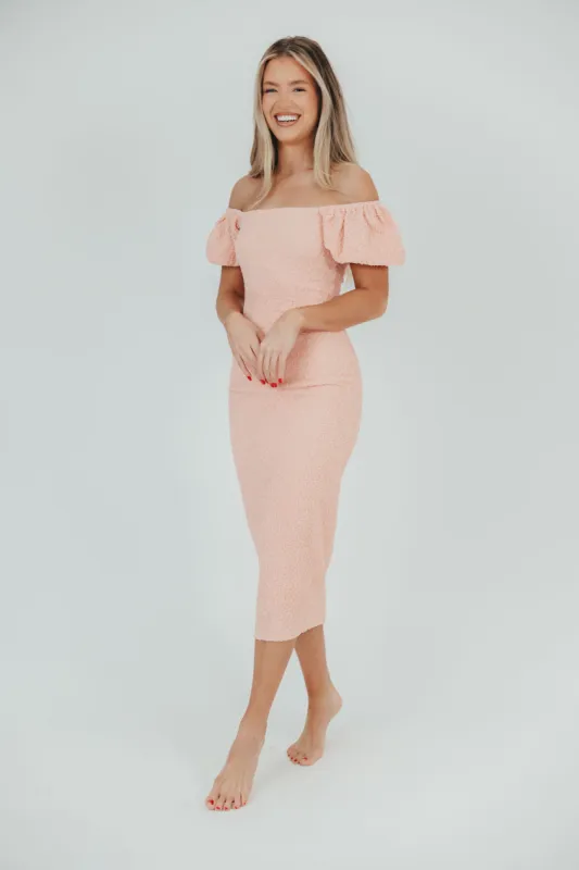 Mila Puffed Sleeve Midi Dress in Pink sold by Worth Collective