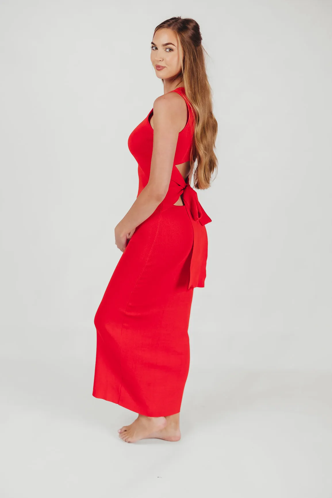 Giselle Sweater Knit Midi Dress with Cut-Out Back in Tomato Red sold by Worth Collective product image thumbnail 5