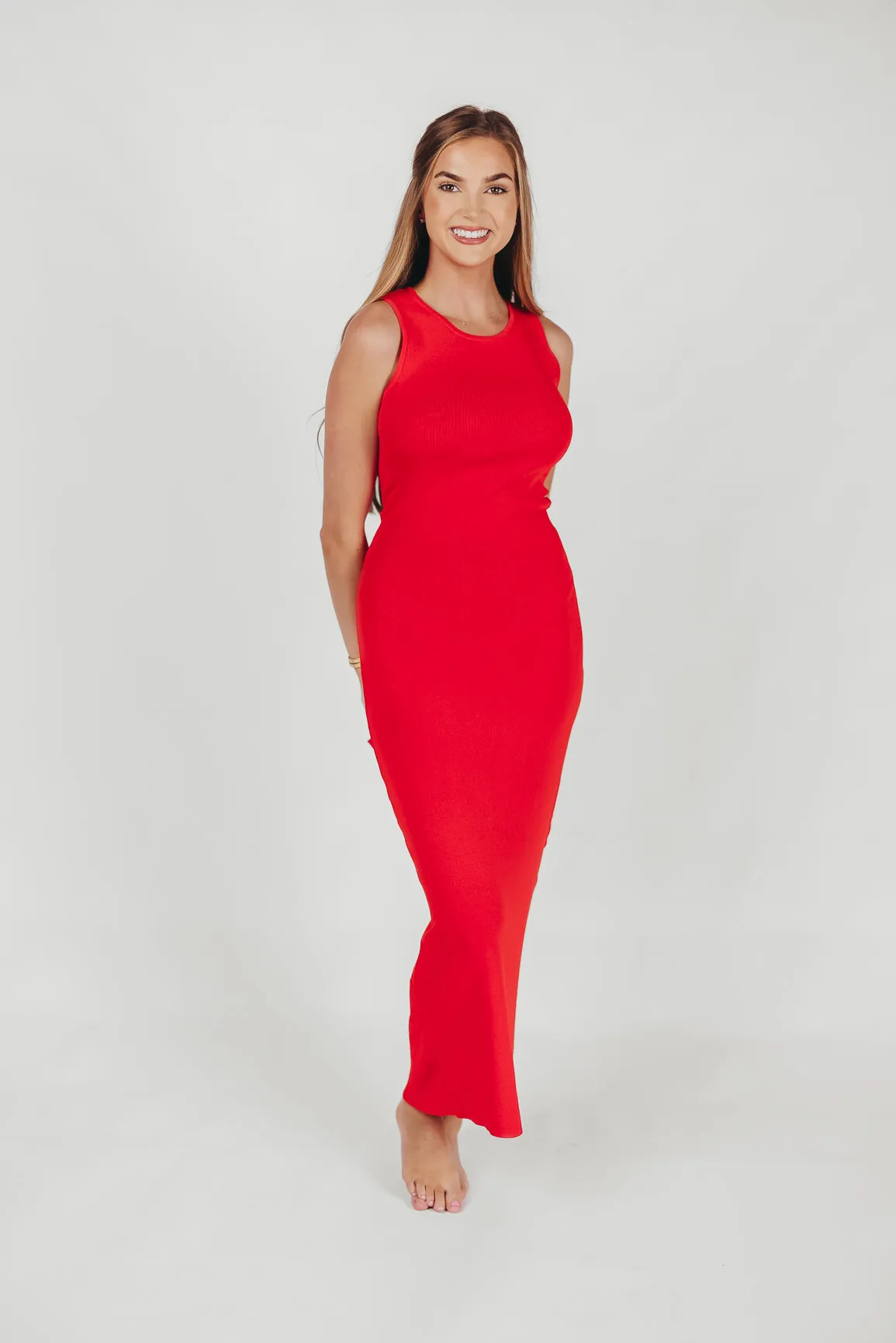 Giselle Sweater Knit Midi Dress with Cut-Out Back in Tomato Red sold by Worth Collective
