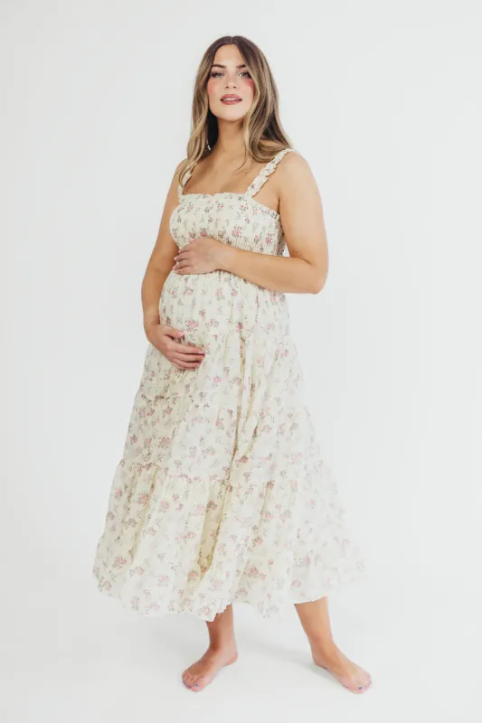 Ryan Ruffle Midi Dress with Embroidered Detail in Cream/Pink Floral sold by Worth Collective