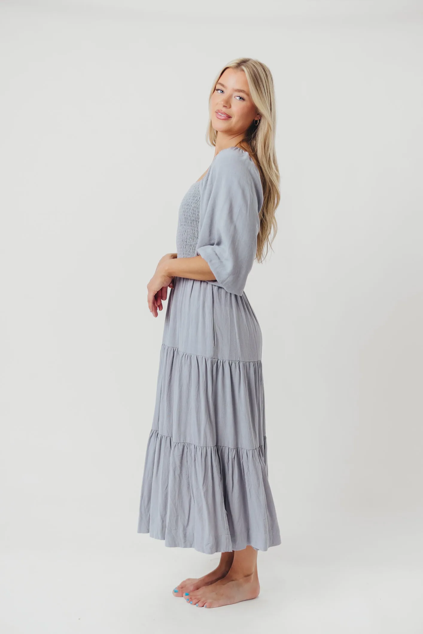 Taylor Linen-Blend Smocked Midi Dress with Tiered Skirt in Blue Fog - Inclusive Sizing sold by Worth Collective product image thumbnail 3