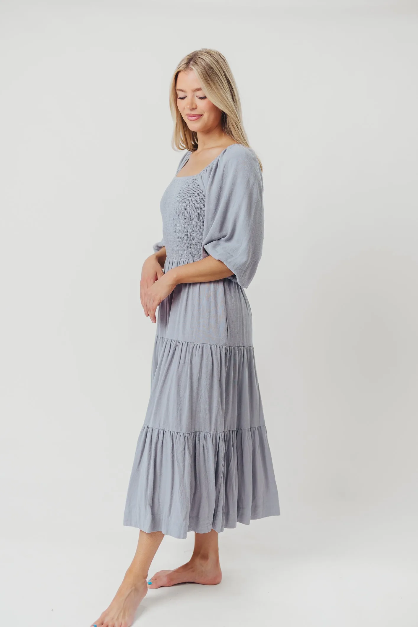 Taylor Linen-Blend Smocked Midi Dress with Tiered Skirt in Blue Fog - Inclusive Sizing sold by Worth Collective product image thumbnail 4