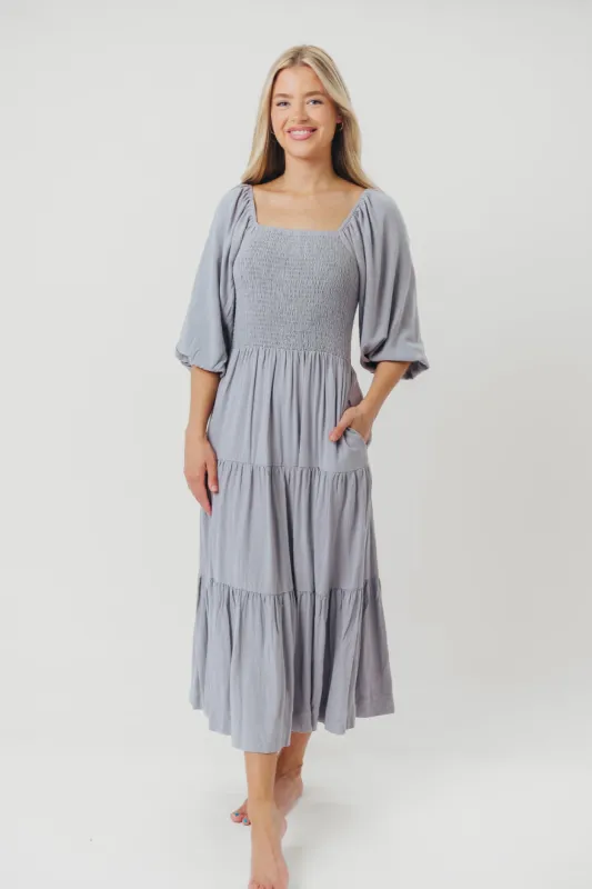 Taylor Linen-Blend Smocked Midi Dress with Tiered Skirt in Blue Fog - Inclusive Sizing sold by Worth Collective