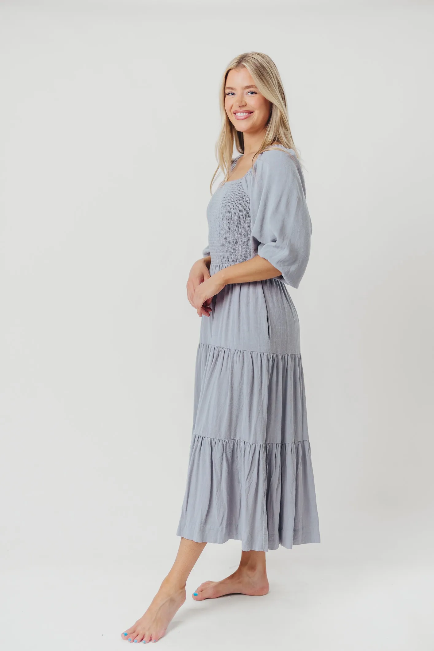Taylor Linen-Blend Smocked Midi Dress with Tiered Skirt in Blue Fog - Inclusive Sizing sold by Worth Collective product image thumbnail 2