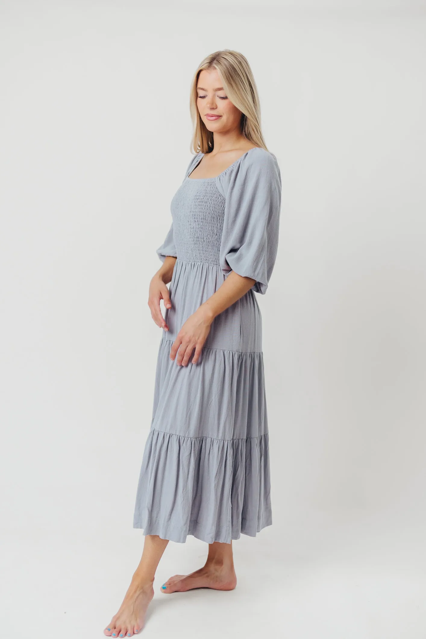 Taylor Linen-Blend Smocked Midi Dress with Tiered Skirt in Blue Fog - Inclusive Sizing sold by Worth Collective product image thumbnail 5
