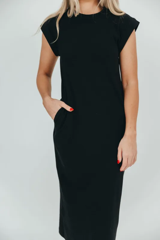 Adeline Mini Ribbed Knit Midi Dress in Black sold by Worth Collective