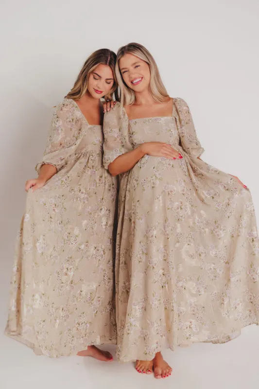 Mona Maxi Dress in Beige/Brown Floral - Bump Friendly sold by Worth Collective