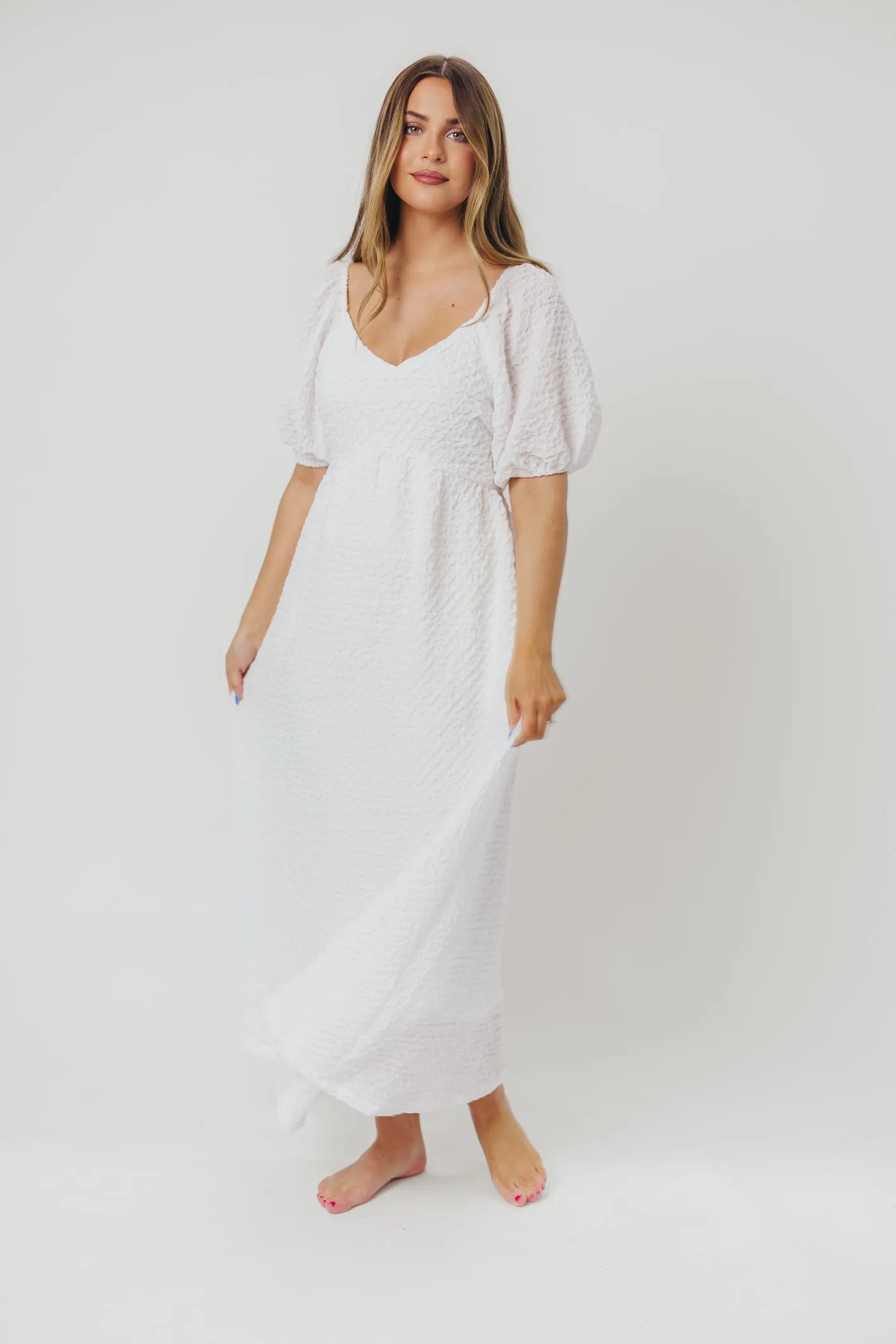 Grace Textured Weave Long Midi Dress with Puffed Sleeves in Ivory sold by Worth Collective product image thumbnail 3