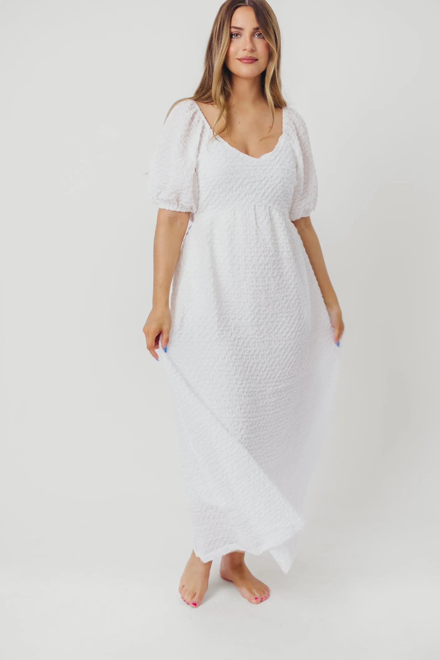 Grace Textured Weave Long Midi Dress with Puffed Sleeves in Ivory sold by Worth Collective product image thumbnail 4