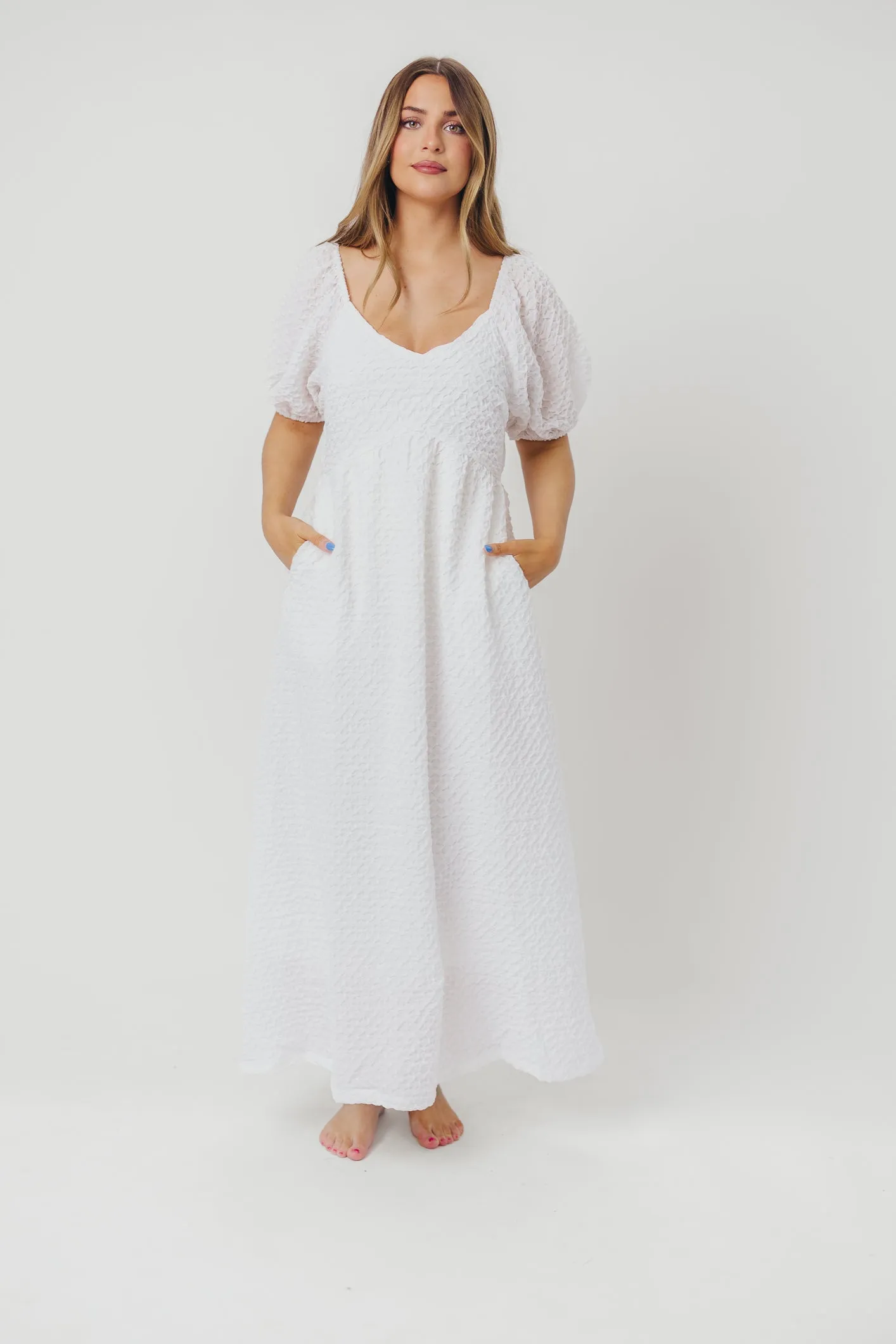 Grace Textured Weave Long Midi Dress with Puffed Sleeves in Ivory sold by Worth Collective product image thumbnail 2