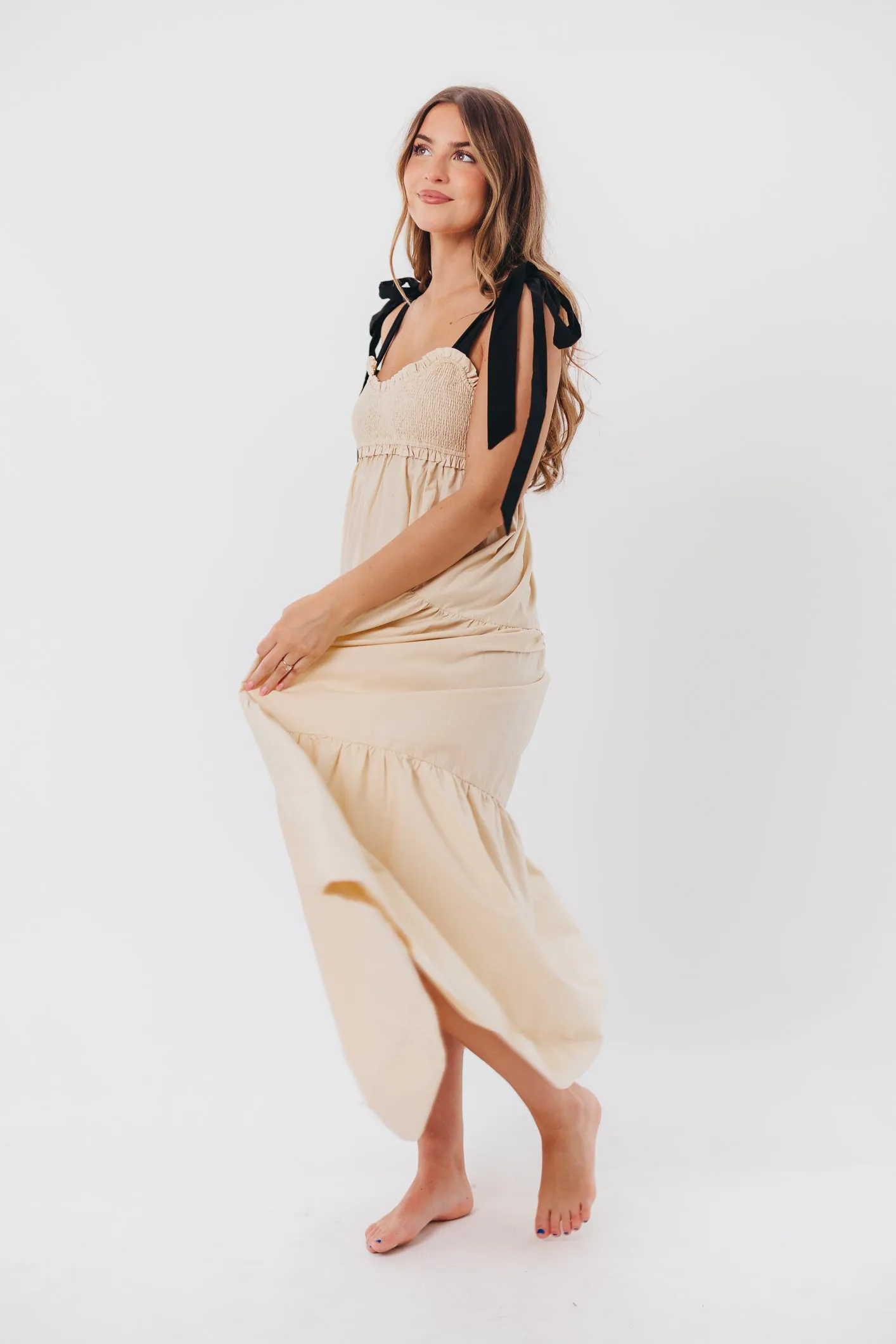Amber Smocked Maxi Dress with Shoulder Tie in Taupe/Black sold by Worth Collective product image thumbnail 5