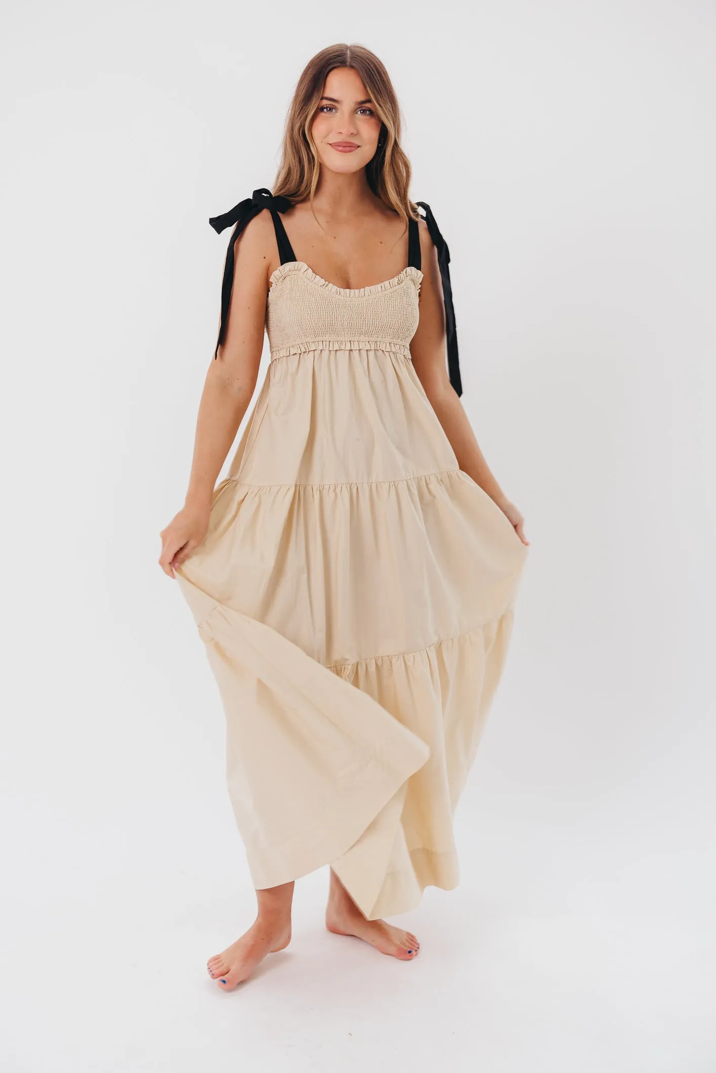 Amber Smocked Maxi Dress with Shoulder Tie in Taupe/Black sold by Worth Collective product image thumbnail 4