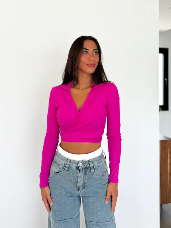 Top cruzado pico canalé fucsia sold by Sorellas
