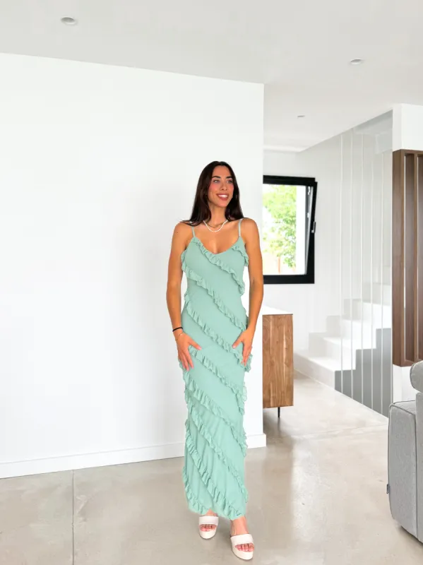 Vestido volantes crepe menta sold by Sorellas