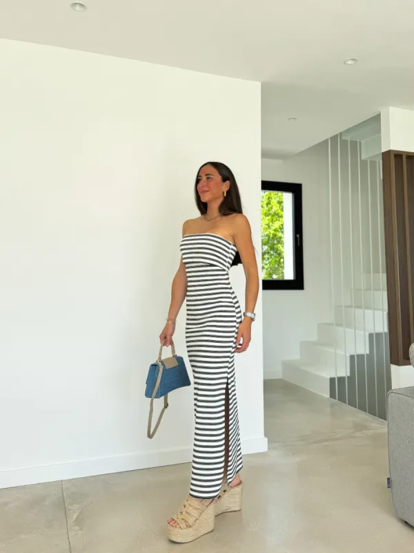 Vestido palabra doble rayas marino sold by Sorellas