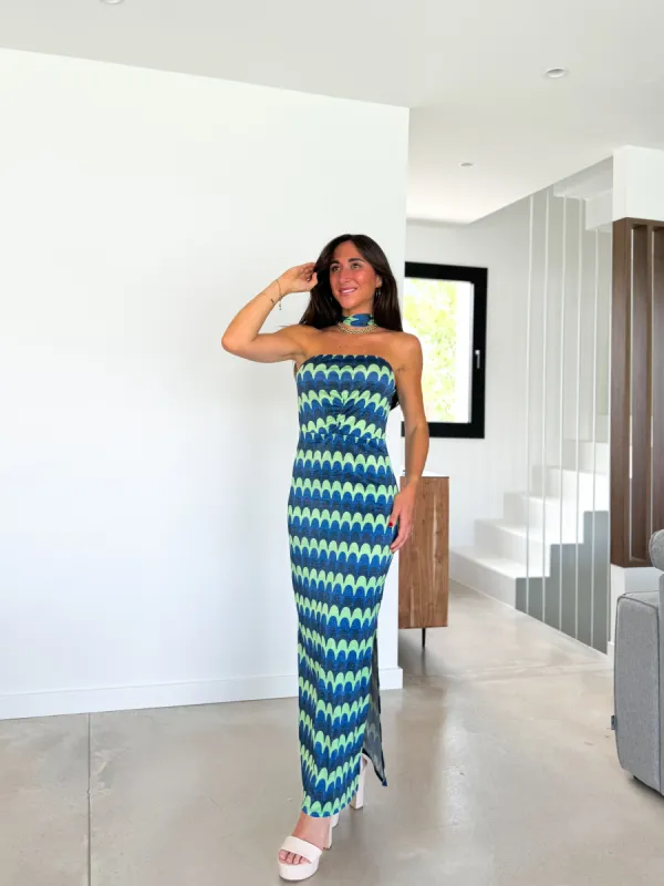 Vestido palabra choker estampado azul sold by Sorellas