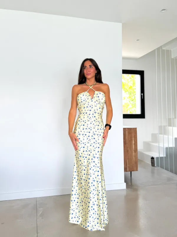 Vestido sirena flores satin amarillo sold by Sorellas