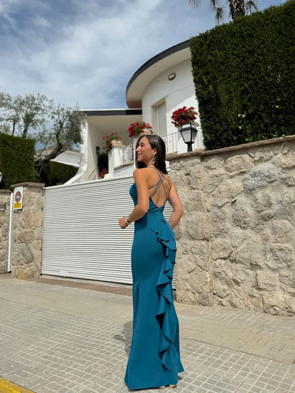 Vestido largo cola petróleo sold by Sorellas