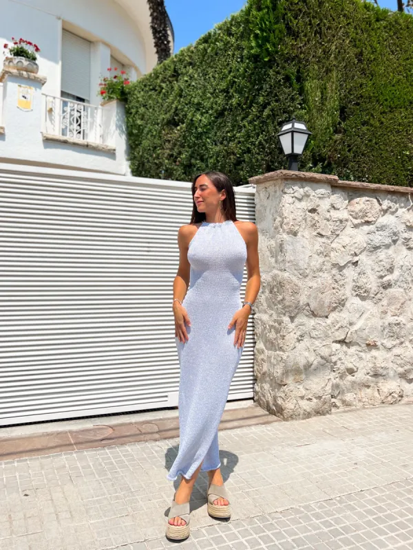 Vestido halter punto plata sold by Sorellas