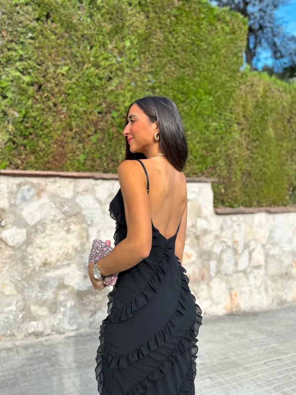 Vestido volantes crepe negro sold by Sorellas