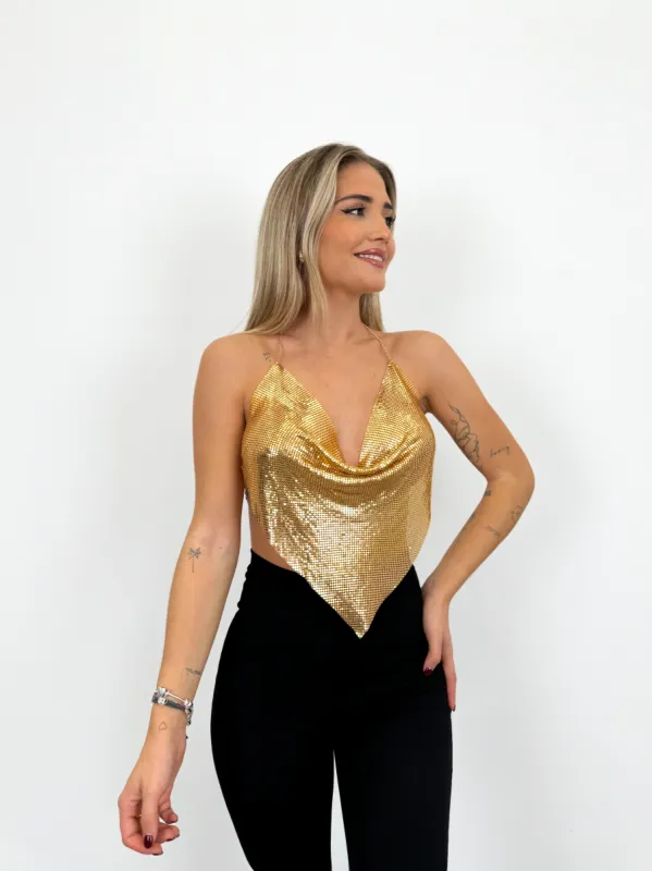 Crop top brillante triangulo dorado sold by Sorellas