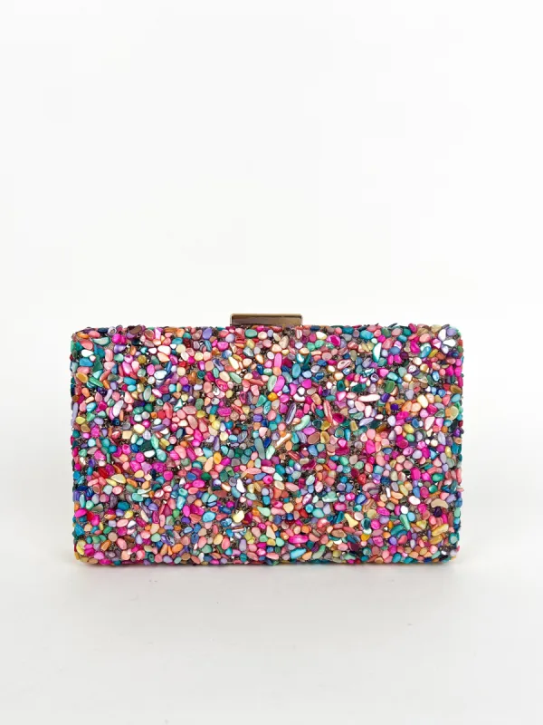 Clutch piedras colores dorado sold by Sorellas