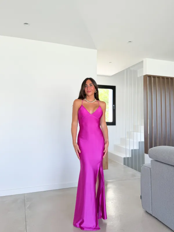 Vestido pico satin entrelazado buganvilla sold by Sorellas