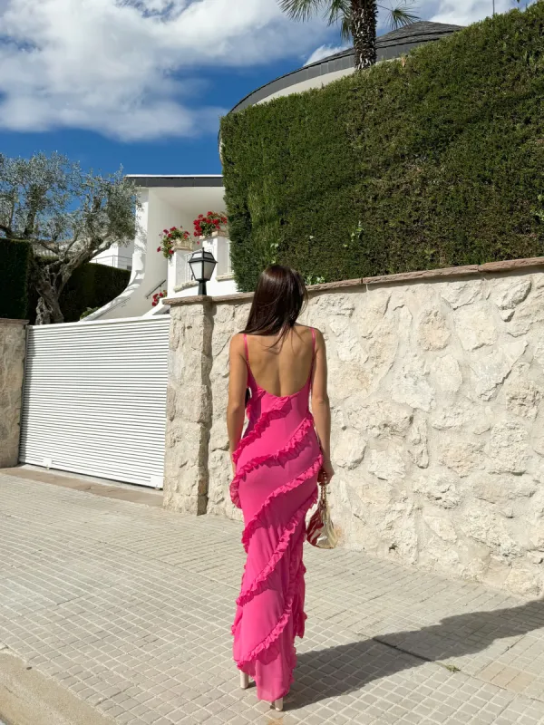 Vestido volantes crepe rosa sold by Sorellas