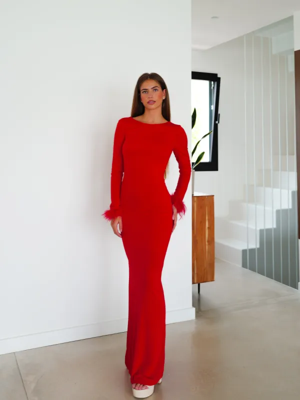 Vestido largo plumas rojo sold by Sorellas