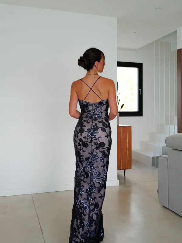 Vestido estampado flores pedreria marino sold by Sorellas