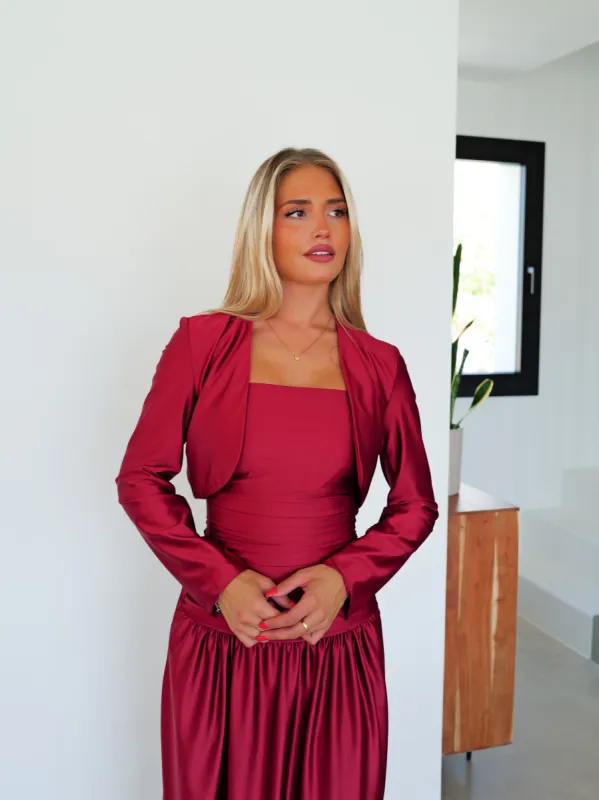 Chaqueta torera crop satin burdeos sold by Sorellas