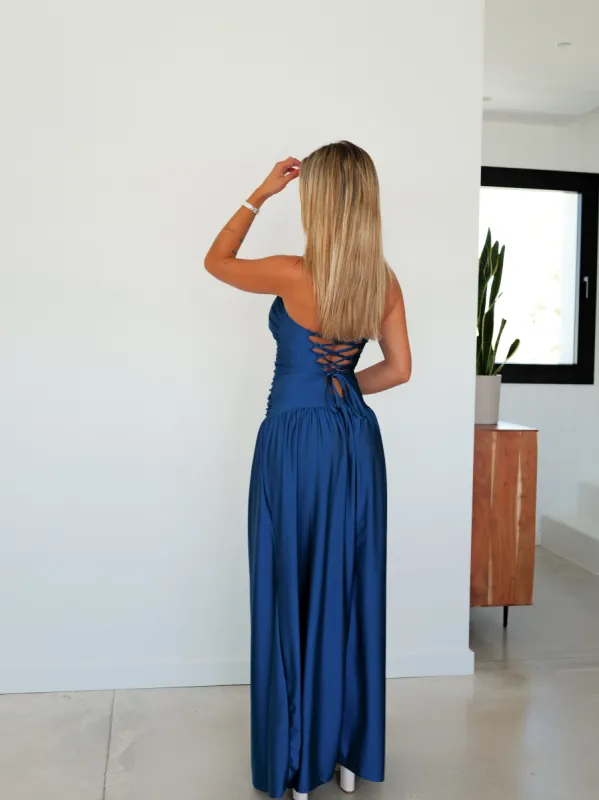 Vestido palabra satin entrelazado petróleo sold by Sorellas