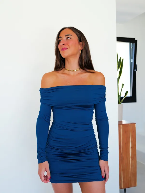 Vestido mini bardot frunce petróleo sold by Sorellas