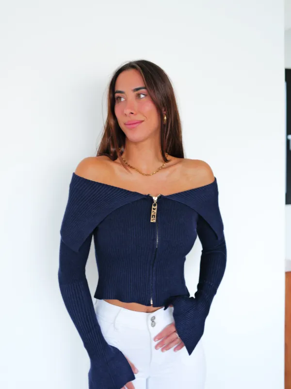 Jersey barco cremallera canalé marino sold by Sorellas